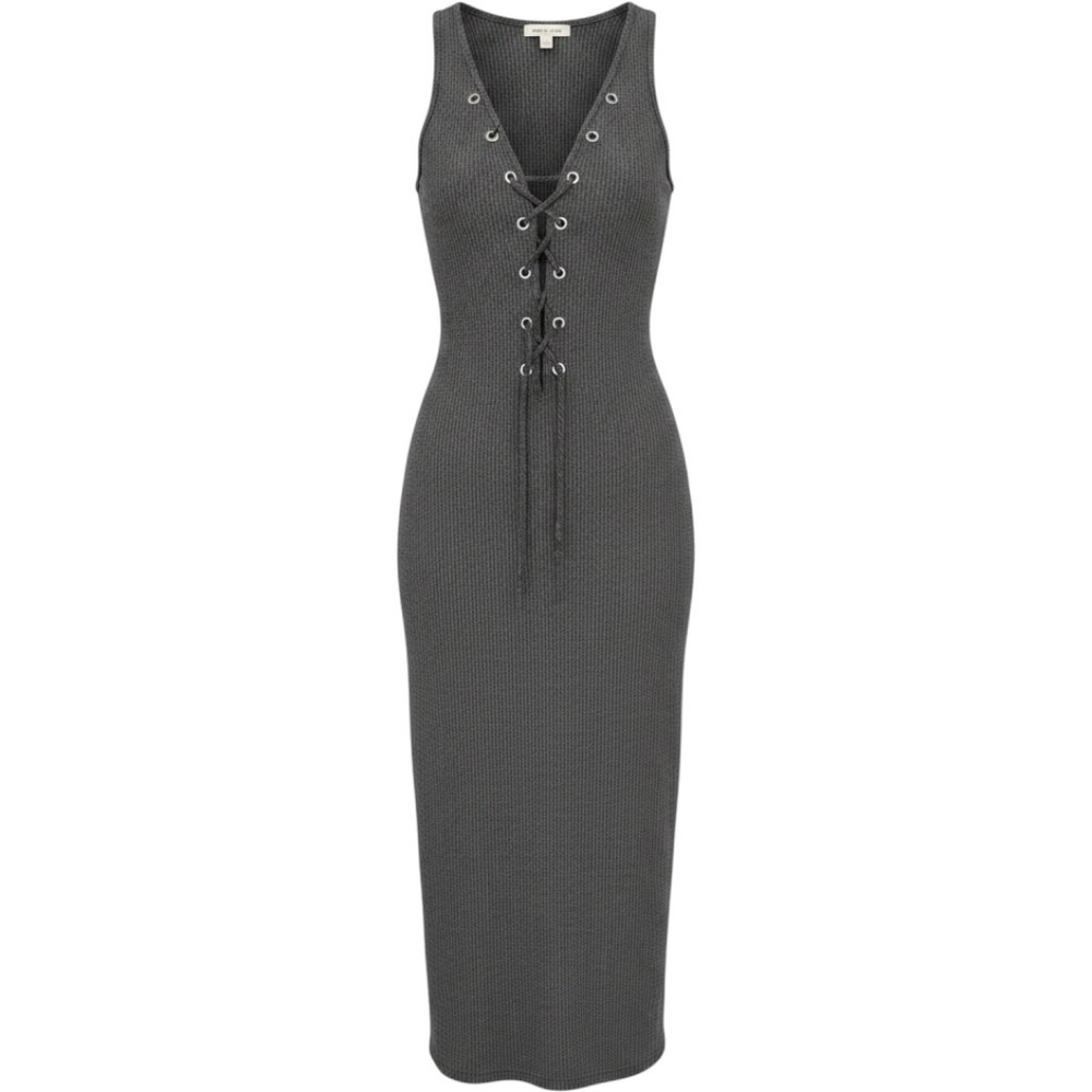 Silence + Noise Charcoal Grey Ribbed Lace Up Front Sleeveless Midi Dress XS